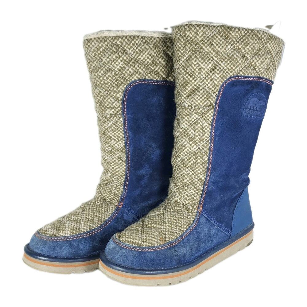 Sorel Women's Campus US9 Blue Beige Suede Wool Pull On Tall Winter Snow Boots